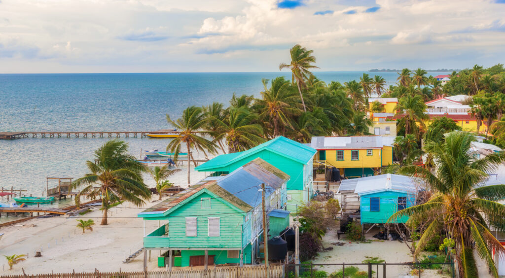 Aerial view at wooden pier dock and ocean view at Caye Caulker Belize Caribbean.