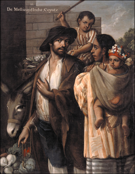 Casta painting by Miguel Cabrera, 1763, labeled coyote: a man with a donkey, a woman carrying an infant and a child on a wall, showing how colonial law named categories in Mexican indigenous heritage