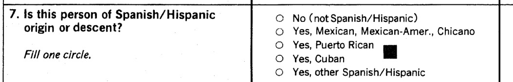 The 1980 census question 7, Is this person of Spanish/Hispanic origin or descent, with answer circles, from the history of the word Hispanic