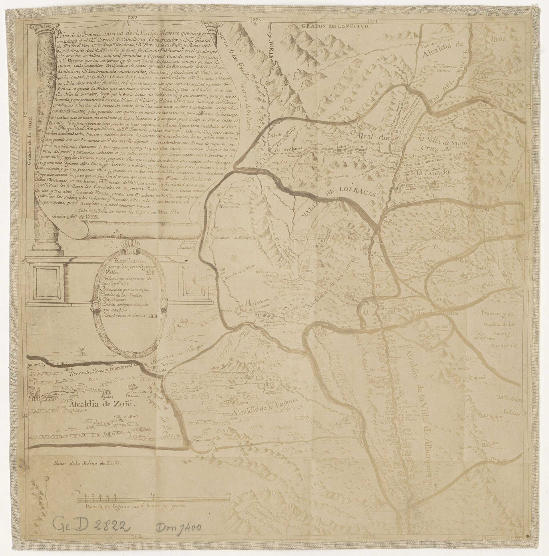 Hand-drawn 1779 Spanish colonial map of the province of New Mexico by Bernardo de Miera y Pacheco, with the Rio del Norte and districts marked, including the Alcaldía de Zuñi, for Zuni history and Mexican indigenous heritage